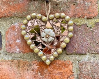 Mixed media mosaic, romantic heart, garden wall decor, unique heart gift, bedroom wall hanging, bespoke art gift, vintage jewellery art
