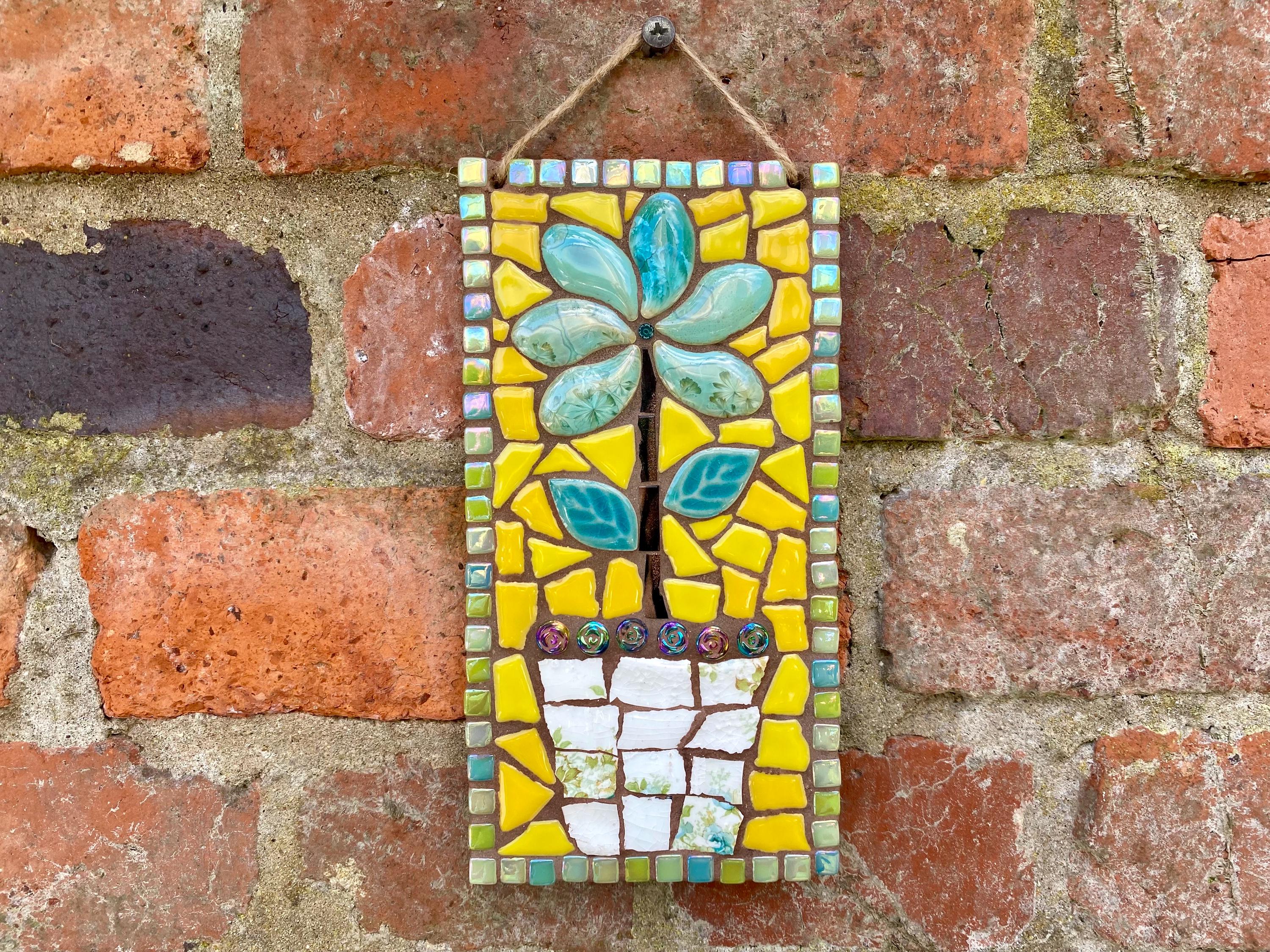Mosaic art, garden wall plaque, broken china mosaic, flower mosaic, wall art, handmade art gift, unique gift for her, everlasting flower