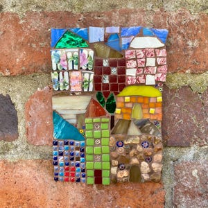 Mosaic wall art,  garden decor gift, unique handmade art tile, village scene art, whimsical house mosaic, garden gift, outdoor mosaic