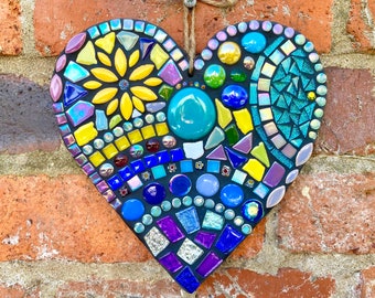 Mosaic art, Blue and turquoise Mosaic hanging heart, mosaic wall art, garden decor, gift for dad, Unique handmade gift for mum , home decor