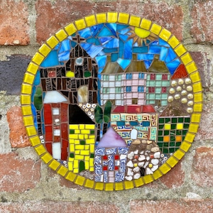 Mosaic Garden Wall Art: Handmade Village Scene Tile
