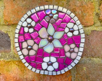 Mosaic wall decor, garden wall art, garden wall mosaic, hot pink wall art, housewarming gift, mosaic flower art, unique handmade gift her