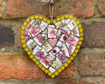 Vintage china, mosaic garden wall art, garden decor, mosaic heart, 7th anniversary gift, handmade gift for her, bedroom decor, quirky decor