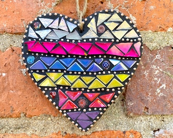 Garden mosaic heart, mosaic art, garden decor, small garden hanging heart, rainbow heart