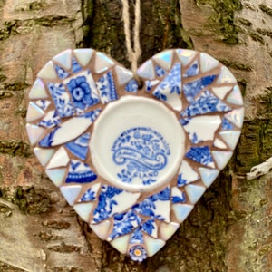 Cœur de jardin en mosaïque, décoration de jardin, art de la mosaïque, art mural coeur bleu, carreau de mosaïque, art de la Chine en bois compensé, décoration bohème, cadeau de jardin, cadeau pour lui image 10