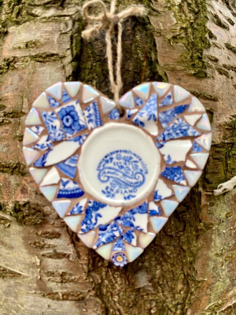 Cœur de jardin en mosaïque, décoration de jardin, art de la mosaïque, art mural coeur bleu, carreau de mosaïque, art de la Chine en bois compensé, décoration bohème, cadeau de jardin, cadeau pour lui image 10