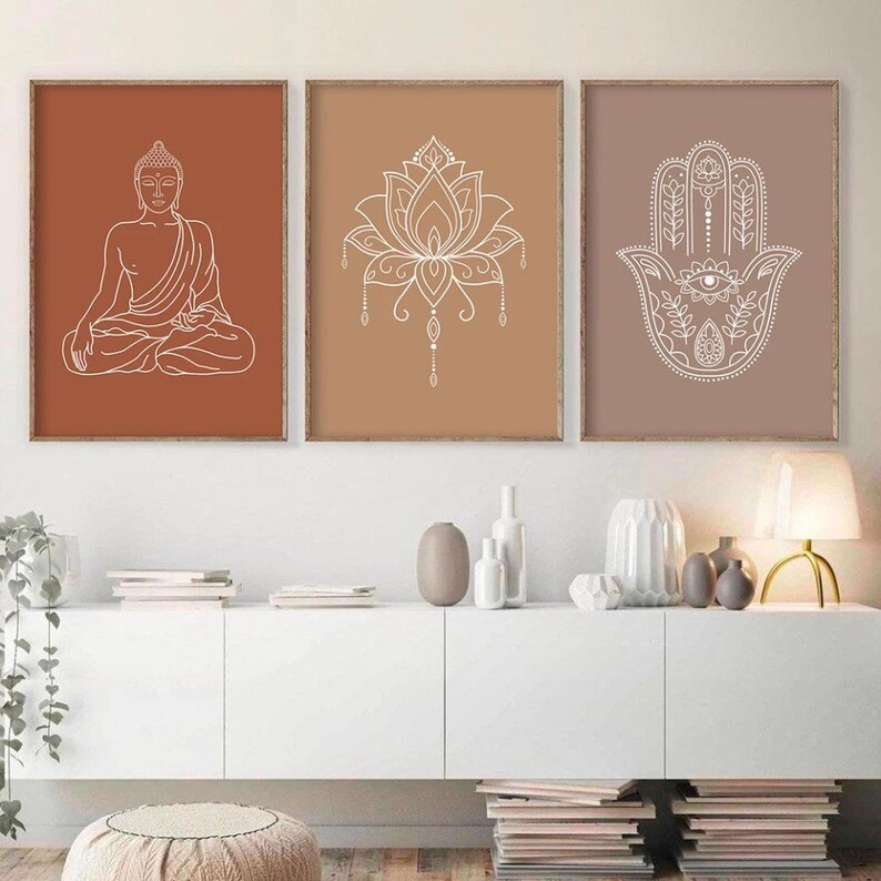 Mandala Buddha Lotus Neutral Colors Boho Wall Art Print Canvas Painting Poster Picture Zen Yoga Living Room Home Interior Decor image 1