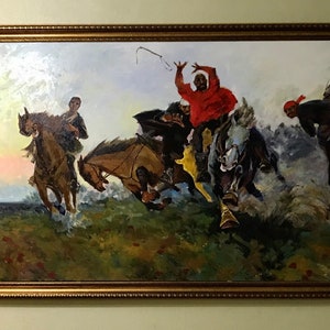 Kokpar Buzkashi Horse game oil painting Steppe painting unique painting asian painting Kazakh Kazakhstan Nature Animal Painting