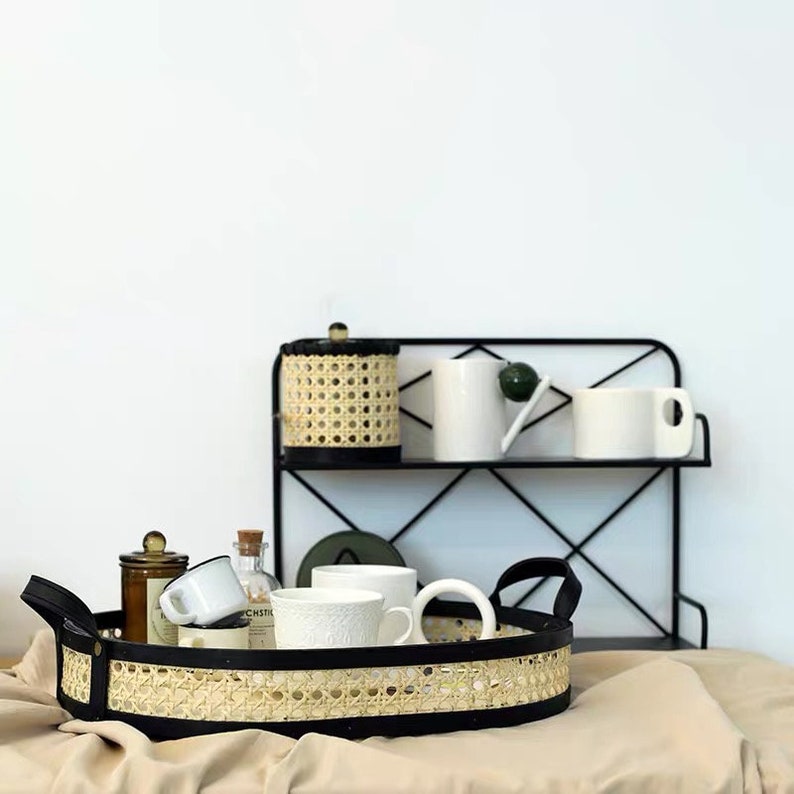 Handmade Black Rim Rattan Tray With PU Handles Rattan Decor Etsy