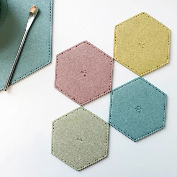 Macaron Coasters, Leather Coaster, Minimalist Decor, Morandi Coasters, Coaster Holder, Coaster Set, Water Resistent, Hexagon Coaster