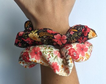 Pair of Cotton Scrunchies - Flowers - Bright Colours - Black - White - Letterbox Gift