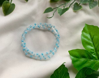 Sky blue iridescent beaded bracelet, fun stretchy boho jewelry