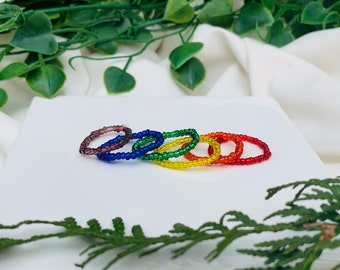 6pc Pride beaded ring pack, stretchy handcrafted rainbow rings