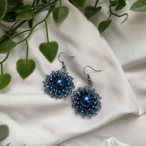 Crystal Flower Beaded Navy Blue Earring