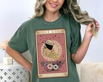 Comfort Colors Funny Tarot Card Shirt, Coffee Addict Women Shirt, Oversized Skeleton Tarot Card Tee, Gothic Mystical Women Shirt