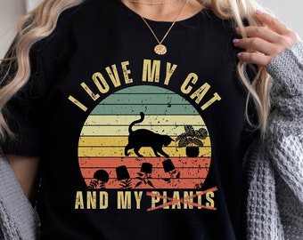 Funny Retro Sunset I Love My Cat and My Plants Shirt, Cat Mom, Plant-lover, Humorous Cat Plant T-shirt, Cat nip plant, Halloween cat shirt