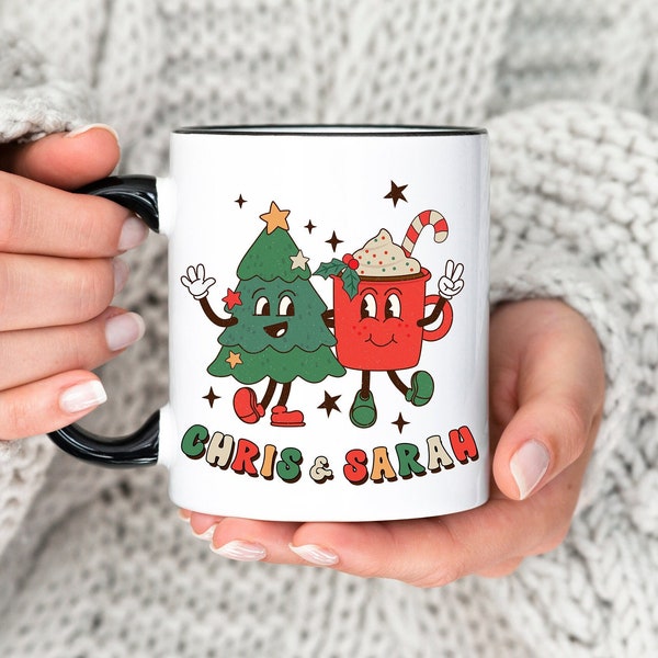 PERSONALIZED Couples Christmas Coffee Mug, Retro GROOVY Custom Name Hot Cocoa Mug gift for Best Friends, Sorority Sisters, Siblings
