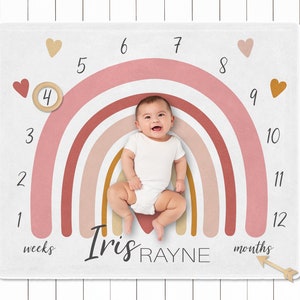 Manta de hito arco iris personalizada, manta de hito boho niña para bebé, regalo de bebé arco iris, manta de bebé mensual, manta de edad de bebé
