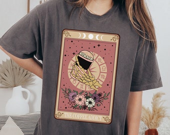 Comfort Colors Funny Tarot Card Shirt, Coffee Addict Women Shirt, Oversized Skeleton Tarot Card Tee, Gothic Mystical Women Shirt Pepper