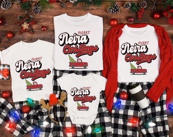 Personalized Matching Last Name Family Christmas T-Shirts, Retro Vintage Farm Red Christmas Truck, White Tees Family Christmas Gift