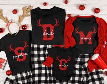 Personalized Reindeer Shirt, Matching Family Christmas T-Shirt, Monogrammed Custom Initial Family Christmas Tee Gift, Christmas Squad Shirt