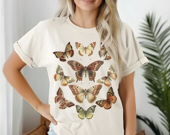 Koszula w motyle, Comfort Colors Cottagecore Butterfly Shirt, Vintage styl Boho Estetyczny Modny T-shirt, Wiosna i Lato Nature Top