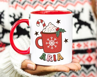 CUSTOM Retro Christmas Coffee Mug, GROOVY Nom personnalisé Hot Cocoa Mug, Cadeau pour enfant, cadeau pour elle, sororité, amis, RETRO Tree