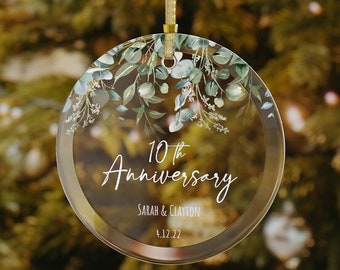 Personalized Anniversary Ornament, Glass Christmas Married Couple Ornament Gift, Eucalyptus Greenery Custom Ornament, Anniversary Gift