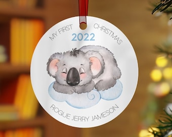 Personalized My First Christmas Ornament, Custom Name Baby's First Christmas Sleeping Koala Ornament, Baby Birth Stats Announcement