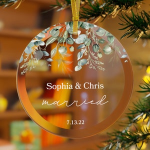 Personalized Married Ornament, Our First Christmas Ornament Wedding Gift, Eucalyptus Greenery ...