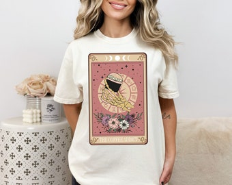 Comfort Colors Funny Tarot Card Shirt, Coffee Addict Women Shirt, Oversized Skeleton Tarot Card Tee, Gothic Mystical Women Shirt Cream