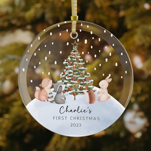 Personalized Baby's First Christmas Ornament 2023, Woodland Animals Glass Ornament, Custom Baby Ornament, 1st Christmas, Baby Shower Gift