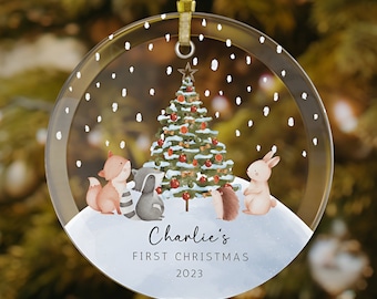 Personalized Baby's First Christmas Ornament 2023, Woodland Animals Glass Ornament, Custom Baby Ornament, 1st Christmas, Baby Shower Gift