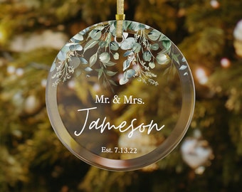 Personalized Mr. and Mrs. Ornament, Glass Married Ornament, Our First Christmas Ornament Wedding Gift, Eucalyptus Greenery Custom Ornament
