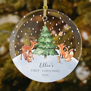 Personalized Baby's First Christmas Ornament 2025, Woodland Animals Glass Ornament, Custom Baby Ornament, 1st Christmas, Baby Shower Gift