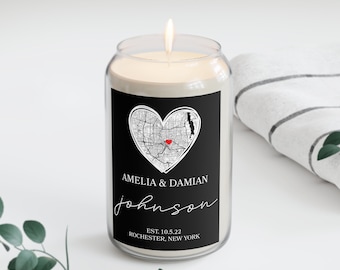Vela personalizada recién casada, vela de mapa casado, vela de matrimonio, vela de soja perfumada personalizada, regalo de bodas para pareja de recién casados
