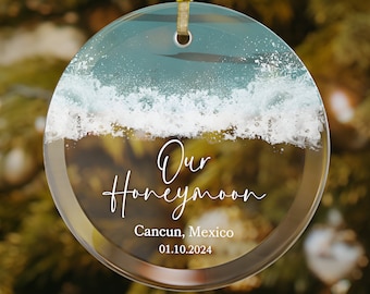 Custom Honeymoon Ornament, Beach Married Ornament, Personalized Marriage Ornament 2024, Beach Wedding Gift Couple, Our First Christmas Glass