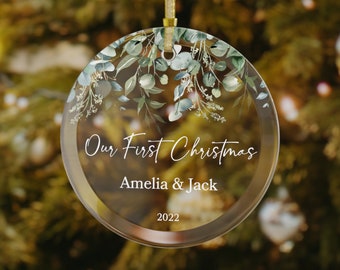 Personalized Our First Christmas Ornament Engagement Gift, Eucalyptus Greenery Custom Glass Engaged Ornament, Gift for Couple