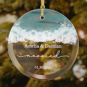 Beach Married Ornament, Personalized Marriage Ornament 2023, Our First Christmas Ornament, Beach Wedding Gift Couple, Custom Glass Ornament