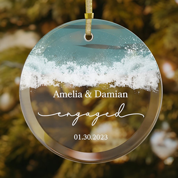 Beach Engagement Ornament, Personalized Engaged Ornament 2023, Our First Christmas Ornament Engagement Gift Couple, Custom Glass Ornament
