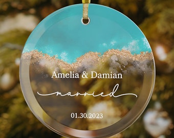 Beach Married Ornament, Personalized Marriage Ornament 2023, Our First Christmas Ornament, Beach Wedding Gift Couple, Custom Glass Ornament