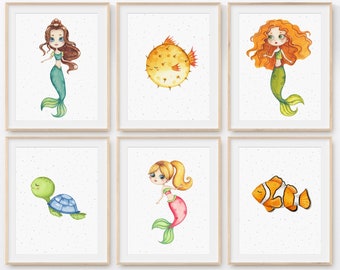 Decoración de dormitorio para niñas, Juego de 6 láminas de sirena, Arte de pared imprimible para niñas, Arte de pared de sirena marina, Decoración de dormitorio para niñas, Habitación con temática oceánica