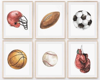Láminas de arte deportivo, juego de 6 impresiones de arte de pared deportivo para decoración de dormitorio de niños, juego de pelotas deportivas para decoración de habitación, láminas para habitación de niños, imprimible para habitación de niño
