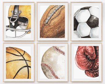 Boys Room Decor, Sports Print, Set of 6 Printable Wall Art, Nursery Room Decor, Baseball Soccer Football Basketball Art Box Prints