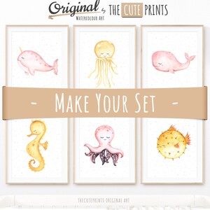 Set of 6 Nautical Nursery Decor, Girl nursery prints, Set of under the sea prints, Ocean art nursery wall picture, Watercolor wall art
