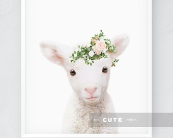 Printable Lamb Flower Crown Wall Art Farm Baby Animals Prints Nursery Decor