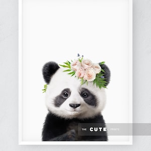 Flower Crown Panda Print, Girls room Nursery Decor Baby Animal Prints, Printable Panda Wall Art, Digital Download