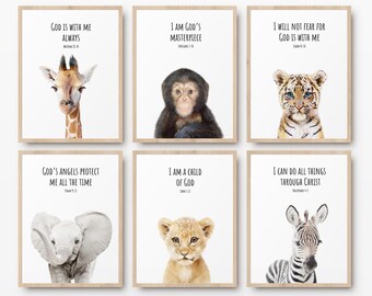 Set of 6 Bible Verse Prints Kid's Safari Nursery Wall Art, Christian Nursery Prints, Baby Animal Prints, Jungle Nursery, Printable Wall Art