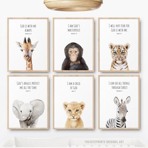 Set of 6 Bible Verse Prints Kid&#39;s Safari Nursery Wall Art, Christian Nursery Prints, Baby Animal Prints, Jungle Nursery, Printable Wall Art