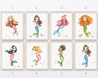 Láminas de sirena, decoración de dormitorio infantil para niñas, arte de pared imprimible para niñas, juego de arte de pared de sirena marina, decoración de habitación de niña, láminas de animales marinos